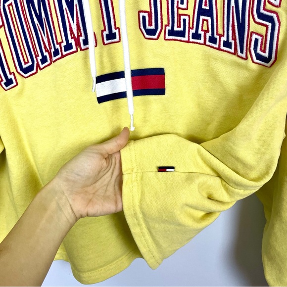 Tommy Jeans Spell Out Hoodie Pullover Sweatshirt Butter Yellow Size Large Sporty - Picture 5 of 13